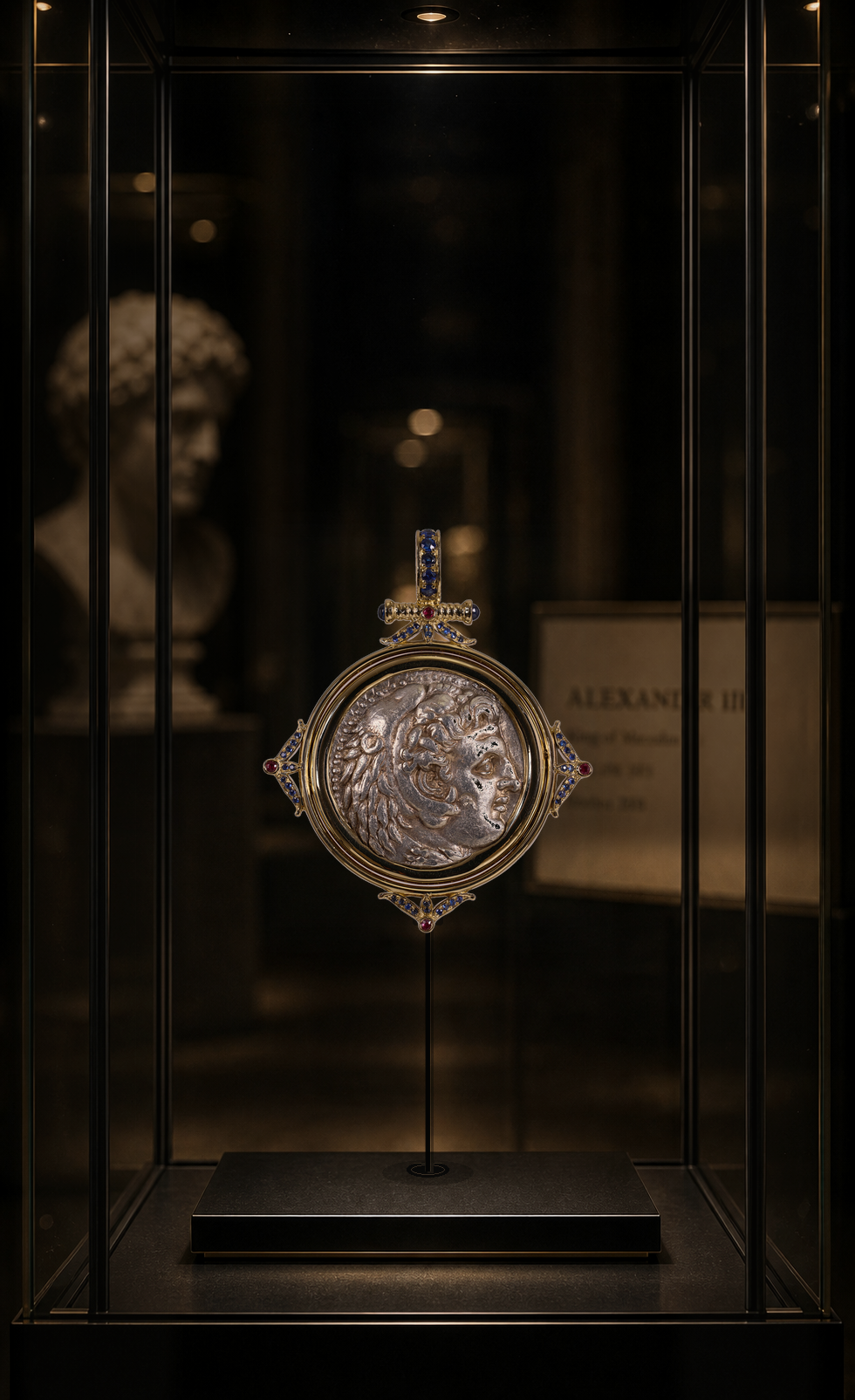 HERITAS ancient coin pendant displayed in a museum glass case
